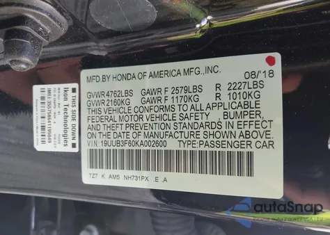 2019 Acura Tlx Tech A-Spec Pkgs from USA, damaged, VIN 19UUB3F60KA002600